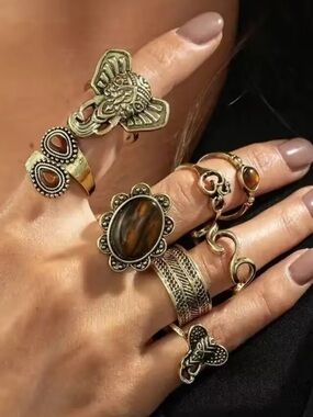Bohemian Tiger Eye and Antique Gold Stackable Ring Set